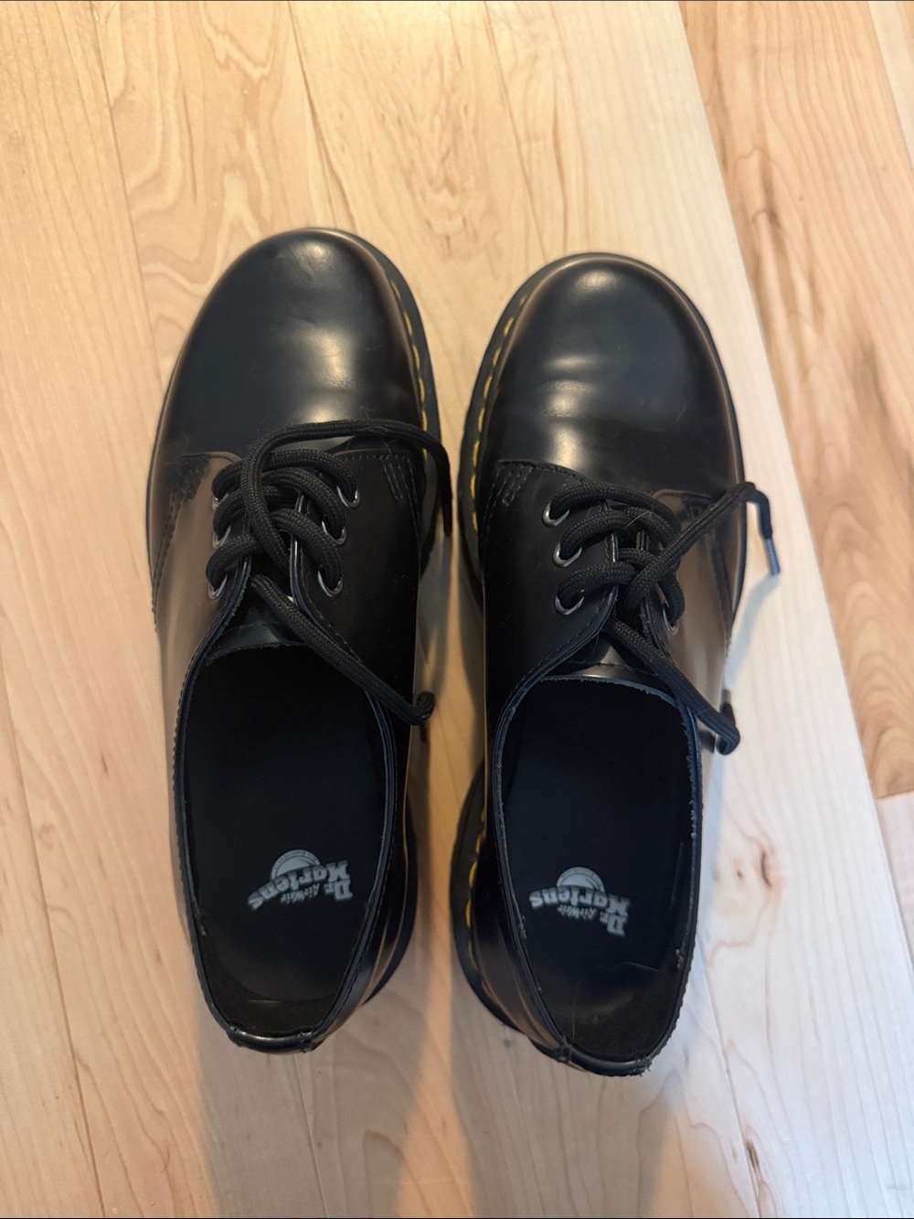 Dr. Martens Black Leather Lace-Up Oxfords with Yellow Welt Stitch